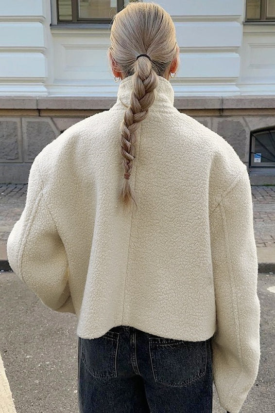 Faux Shearling Stand Collar Cropped Coat - Fashionpara