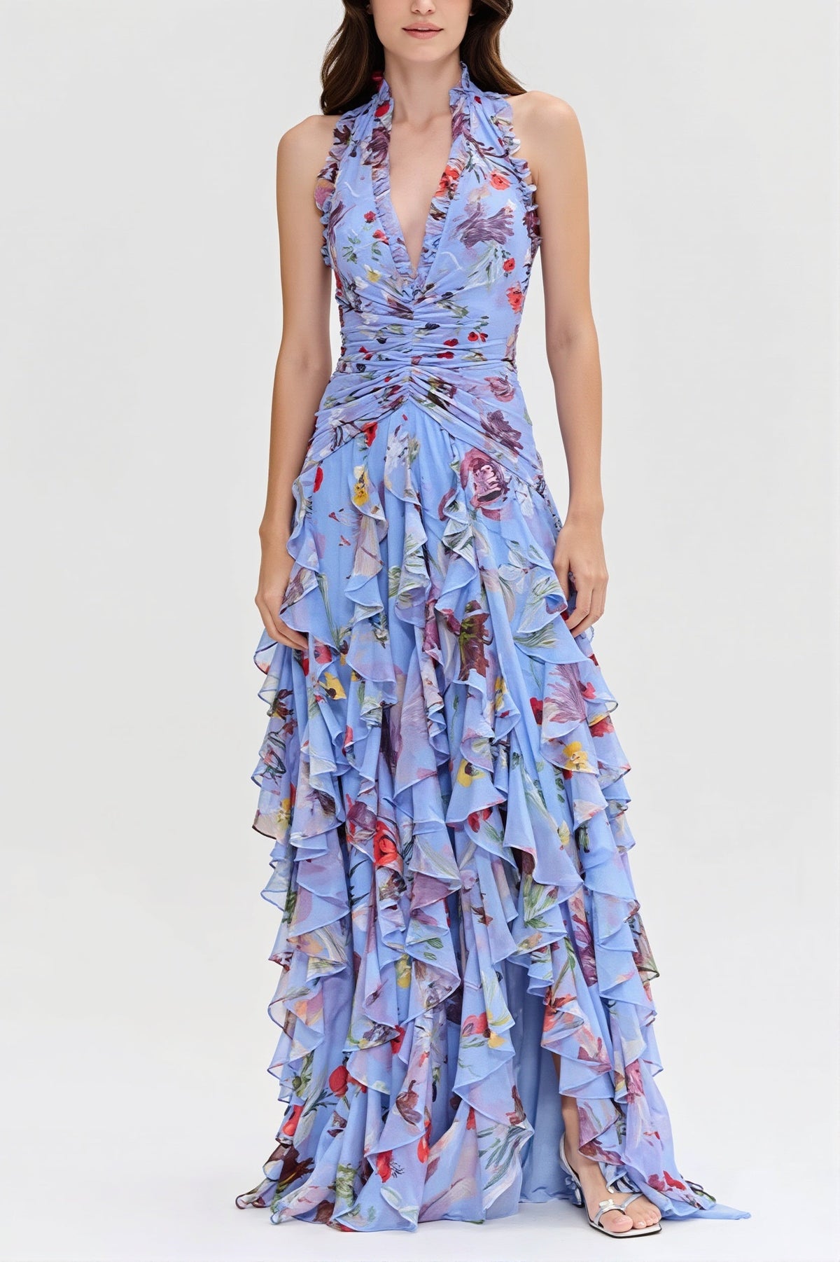 Floral Ruffle Halter Neck High Split Maxi Gown