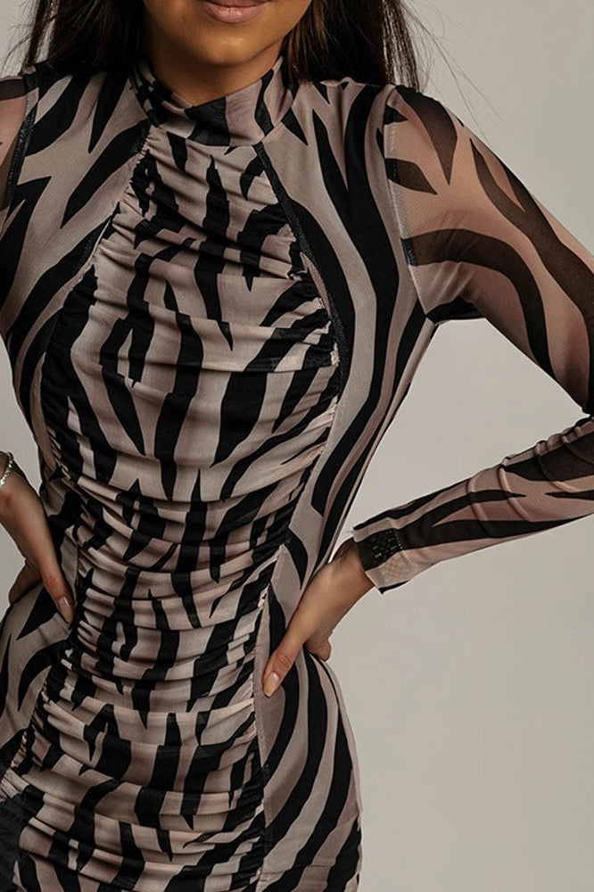 Floral Print Ruched Mesh Long Sleeve Bodycon Maxi Dress