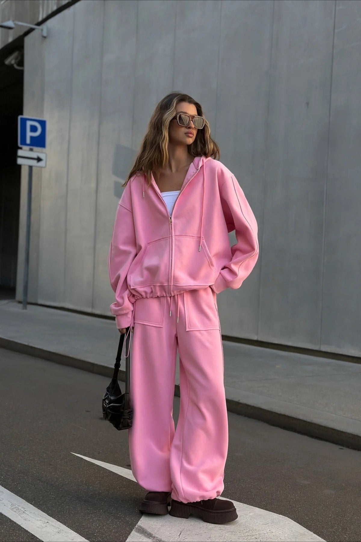 Solid Oversized Zip Front Hoodie Two Piece Set