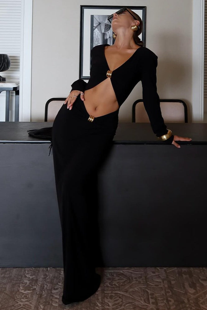 Deep V-Neck Long Sleeve Cut Out Bodycon Maxi Dress