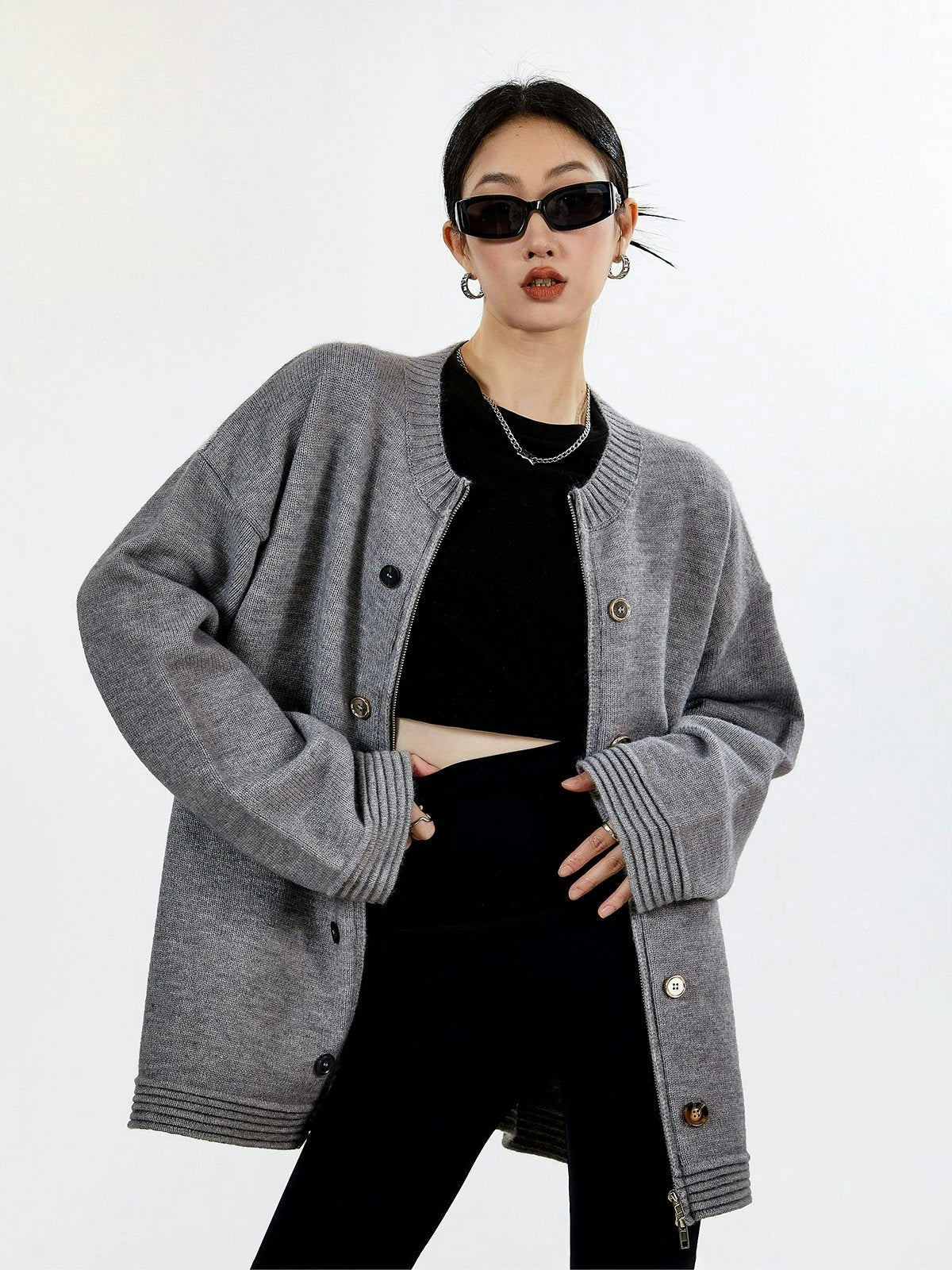 Ribbed Trim Oversized Button Zip Knit Cardigan