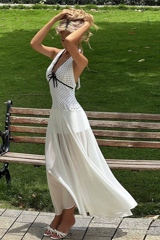 Floral Print Polka Dot Backless Tie Maxi Dress - Fashionpara