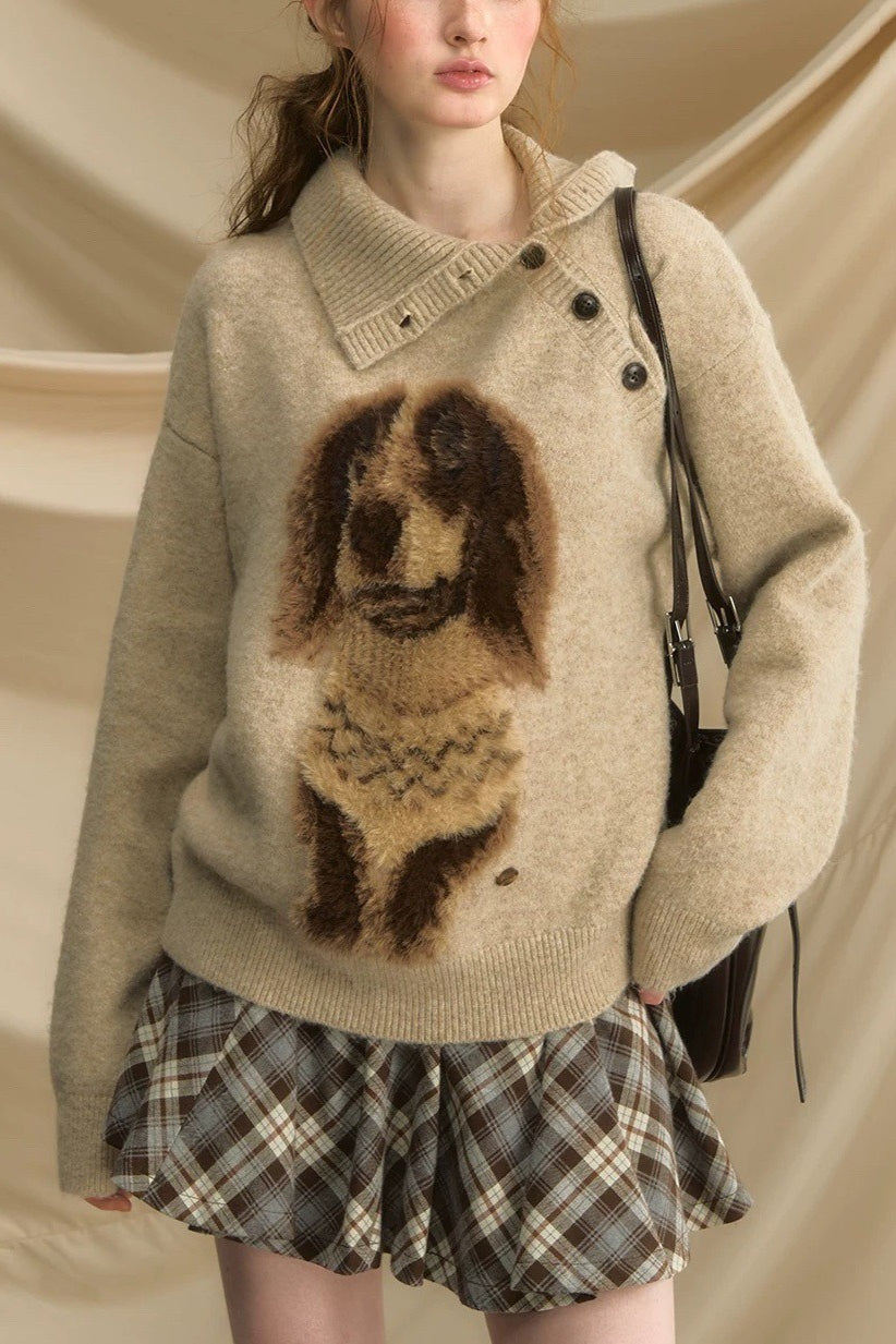 Retro Dachshund Print Slouchy Loose Pullover Sweater