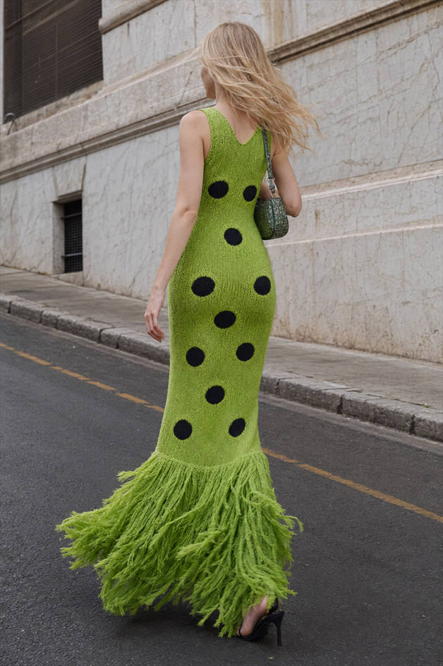 Polka Dot Knit Sleeveless Fringe Maxi Dress