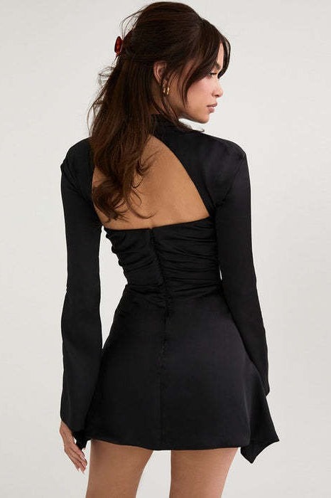 Knit Mock Neck Chest Cut Out Ruched Bell Sleeve Mini Cocktail Dress - View 2