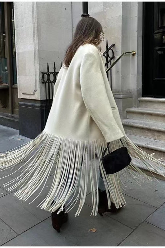 Chic Solid Color Fringe Long Blazer Coat for Stylish Layers