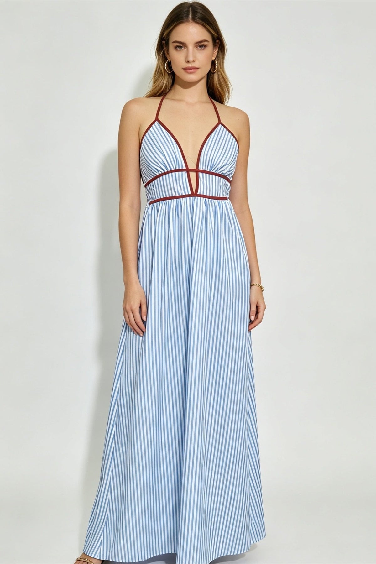 Striped Deep V Strappy Backless Maxi Dress 8