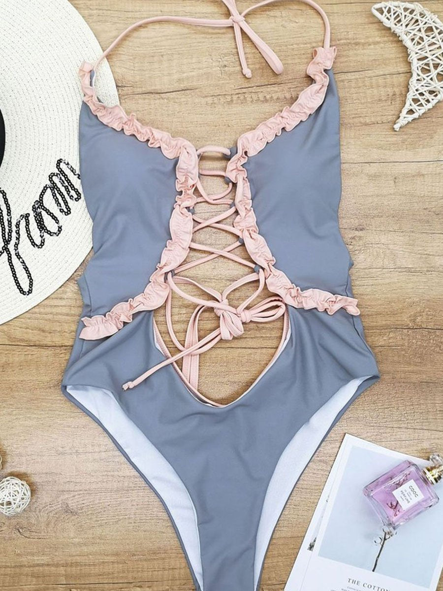 Hollow-out Design Flounce One-piece Swimsuit (2 Colors) - Fashionpara