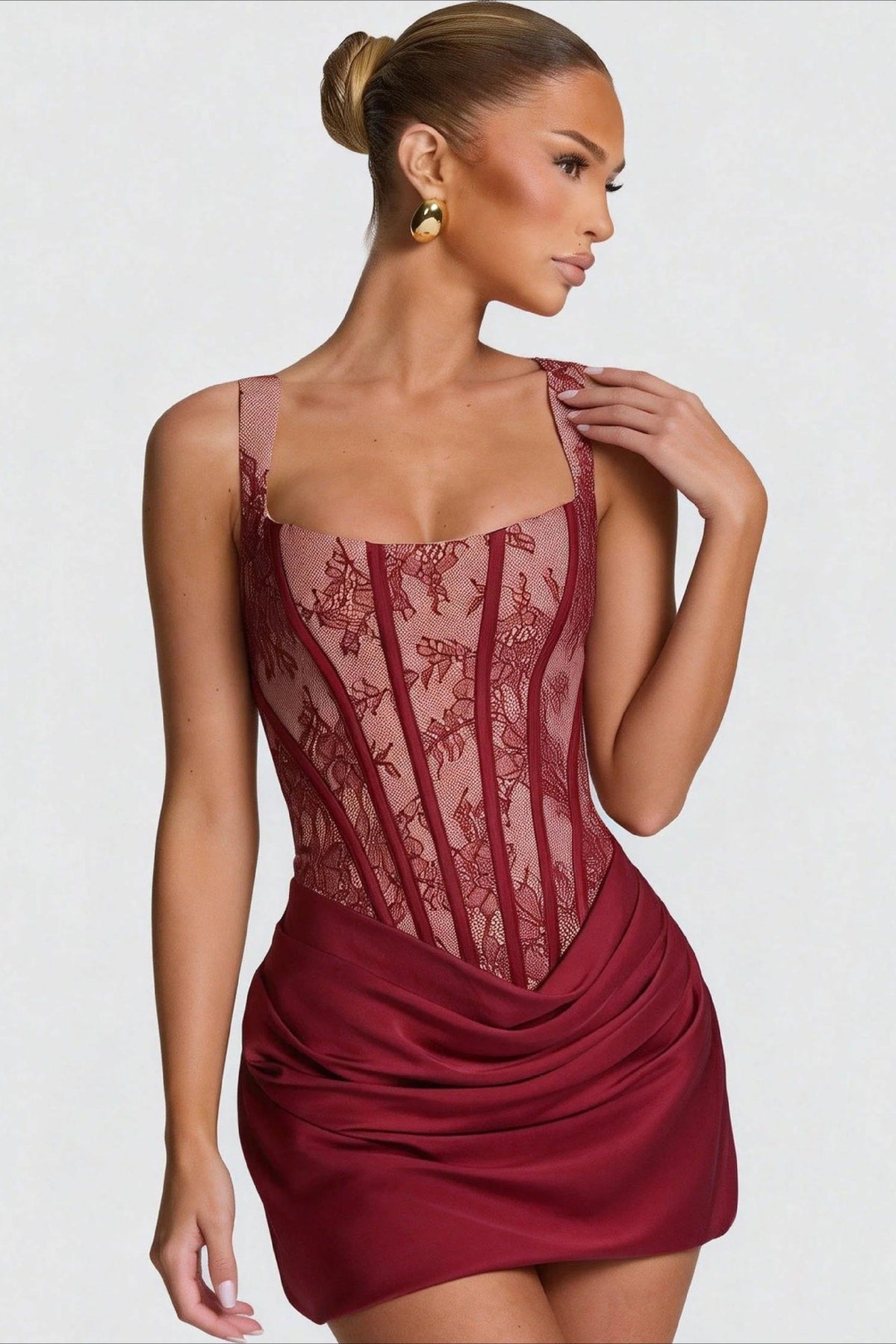 Lace Corset Square Neck Draped Hem Mini Dress