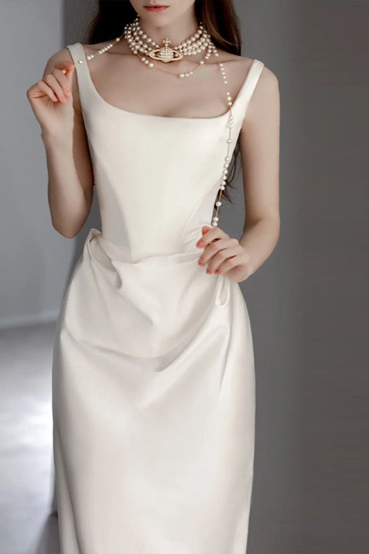 Satin Square-Neck Ruched Draped Column Maxi Gown