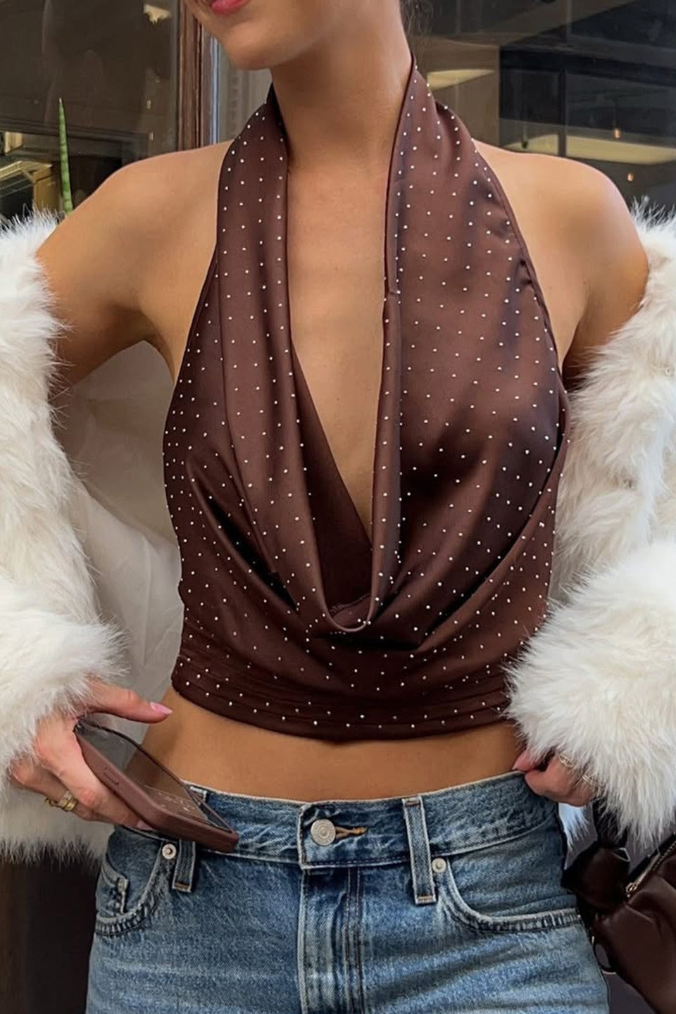 Polka Dot Color Block Backless Halter Crop Top - Fashionpara