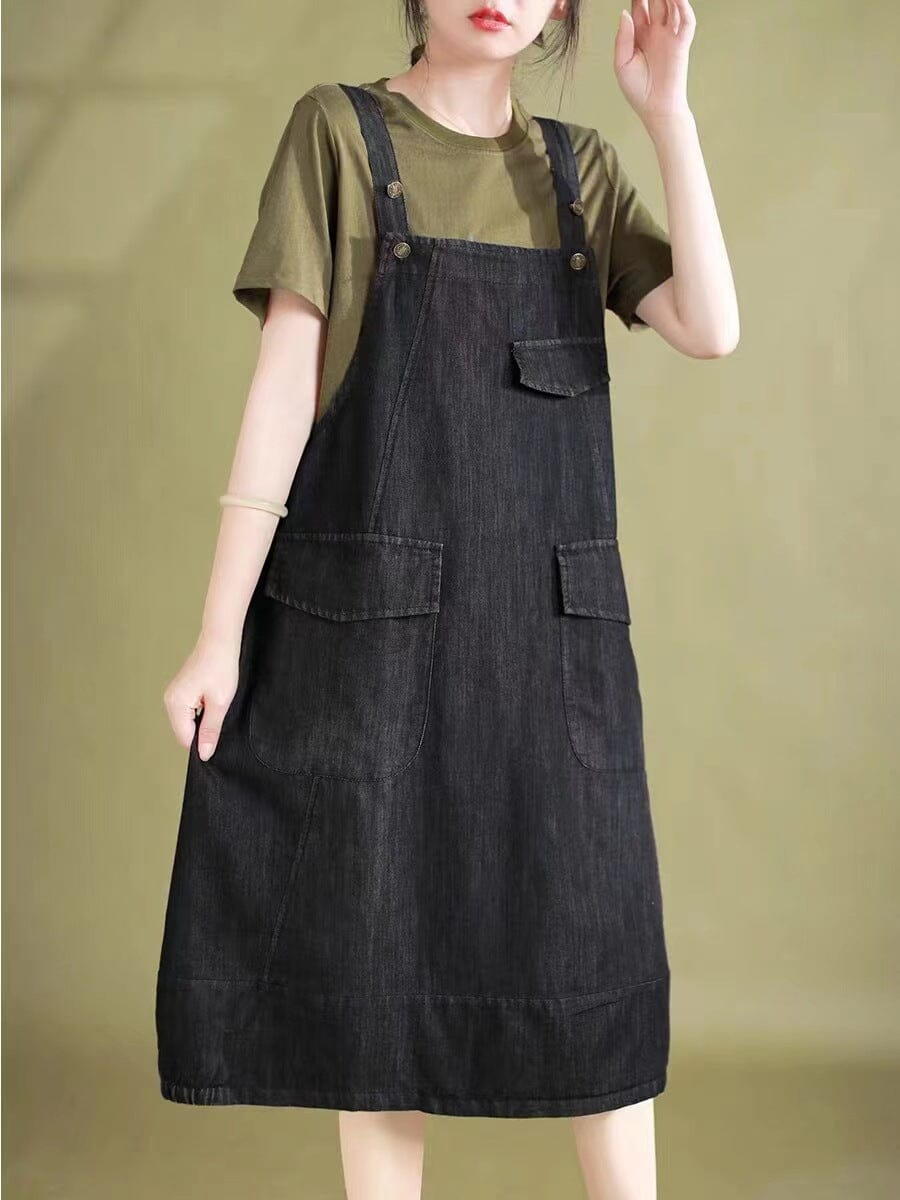 Sleeveless Denim Pinafore Flap Pocket Button Strap Midi Dress - View 7