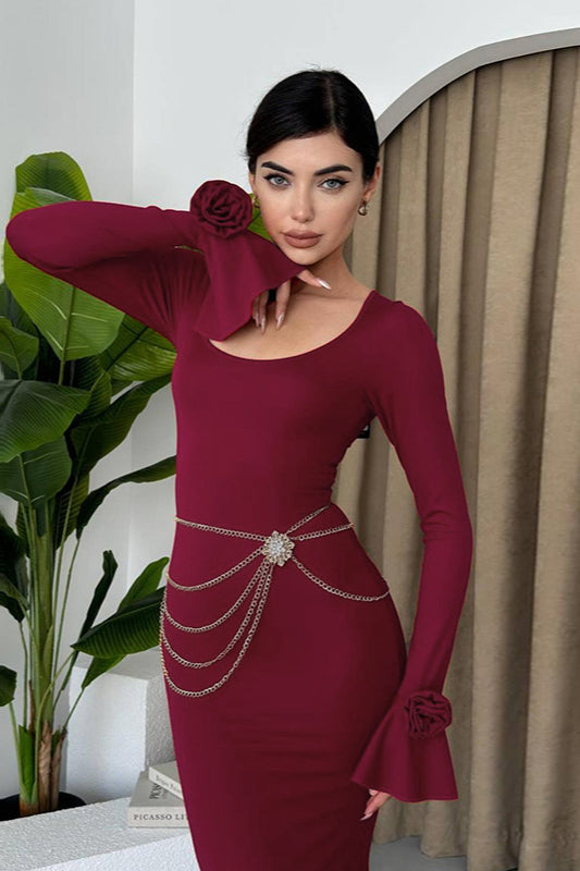 Round Neck Rose Embellished Long Sleeve Party Dress
