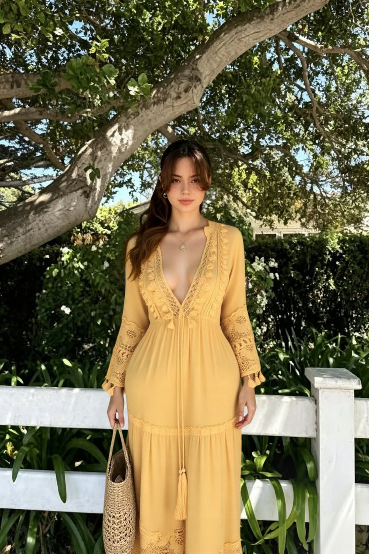 Crochet Trim V-Neck Bell Sleeve Tiered Maxi Dress 4