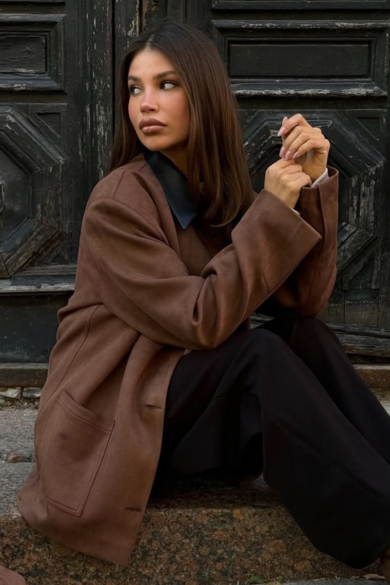 Suede Patchwork Lapel Coat - Fashionpara