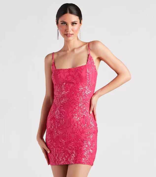 Sequin Damask Square-Neck Spaghetti Strap Bodycon Mini Dress