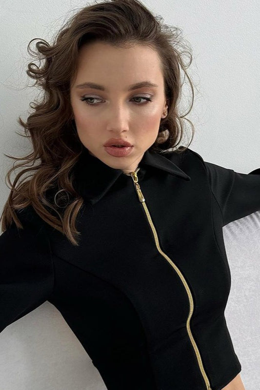 Backless Long-Sleeve Fitted Zip-Up Cardigan Top