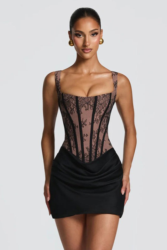 Square-Neck Lace Corset Ruched Satin Mini Dress