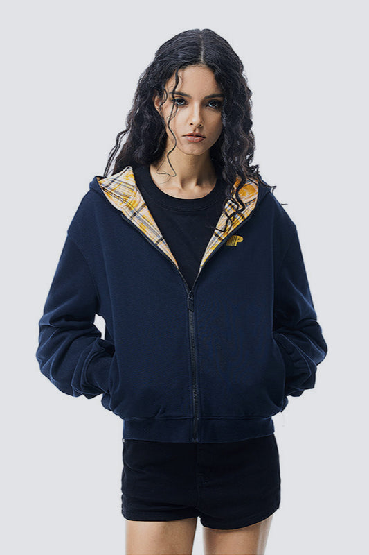 Plaid Color Block Zip Loose Hoodie