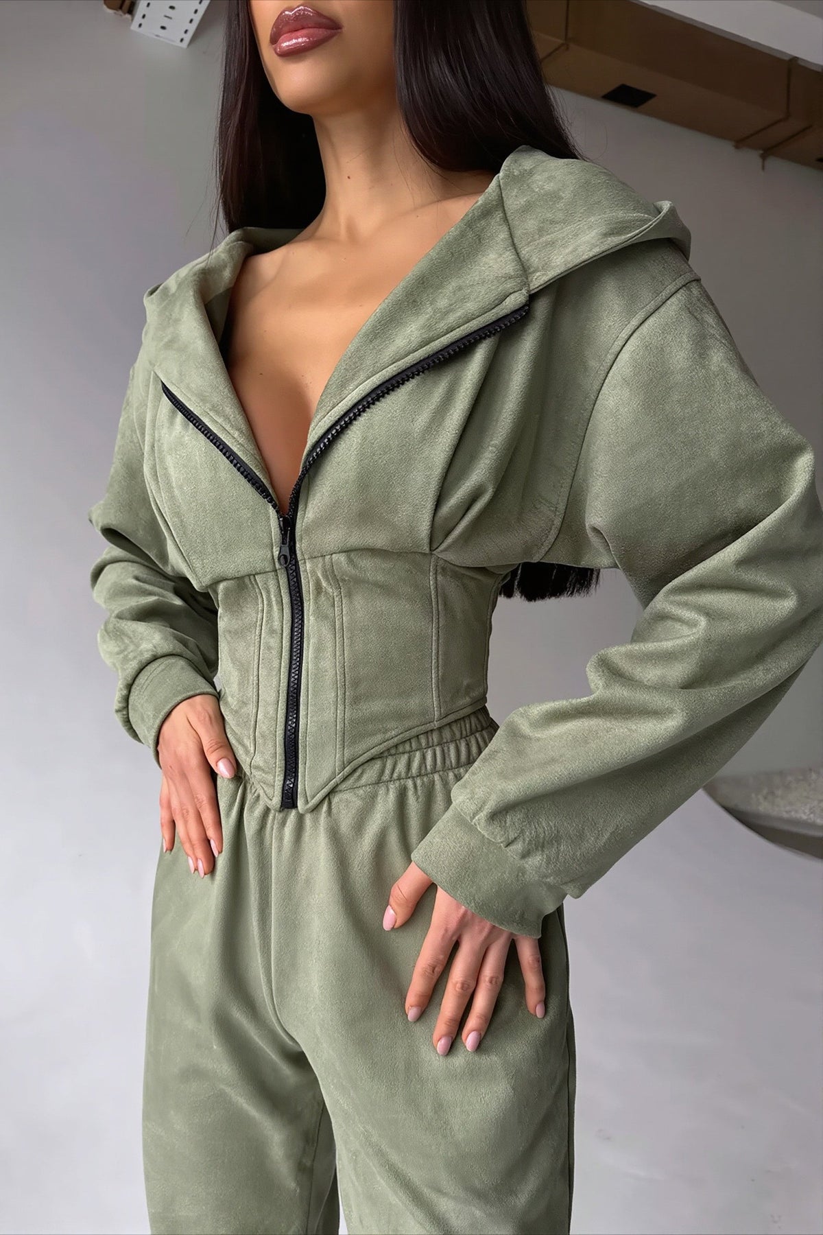 Solid Zip Front Wide Leg Hoodie Two Piece Set
