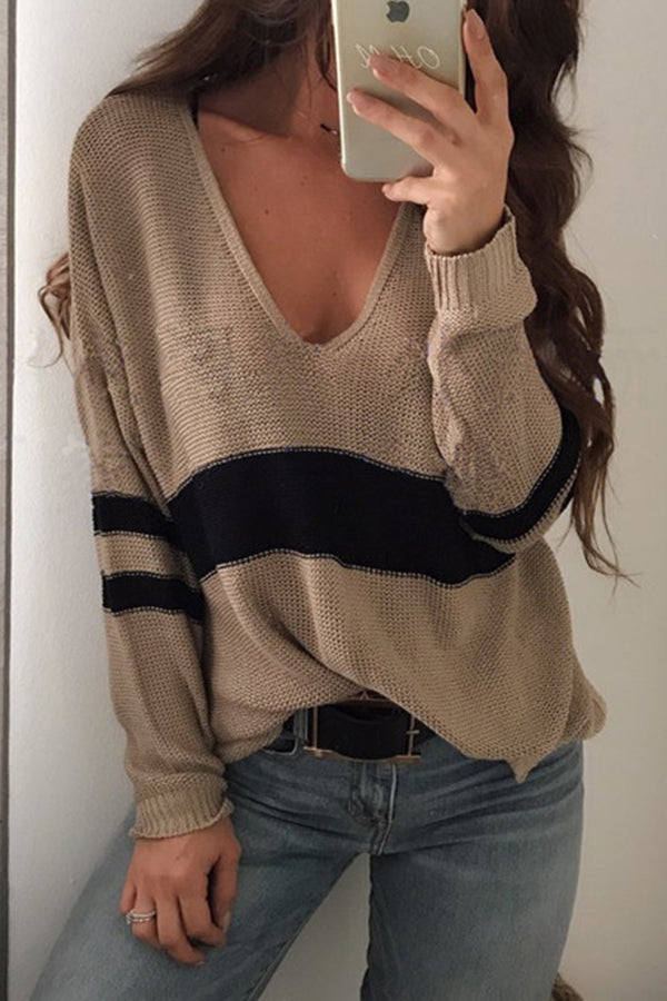 Chic V-neck Patchwork Knitted Sweater for Effortless Style