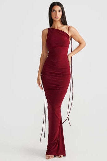 Cowl-Neck Spaghetti-Strap Lace-Up Fishtail Maxi Gown