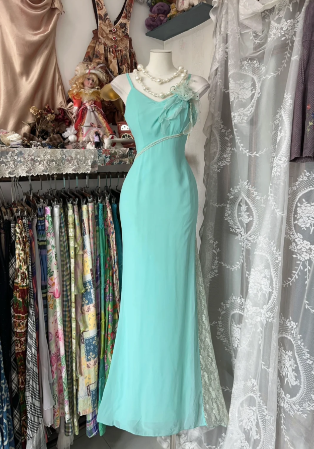 Classy Mint Green Spaghetti Straps Chiffon Beaded Mermaid Long Prom Dress Birthday Party Dress D1781