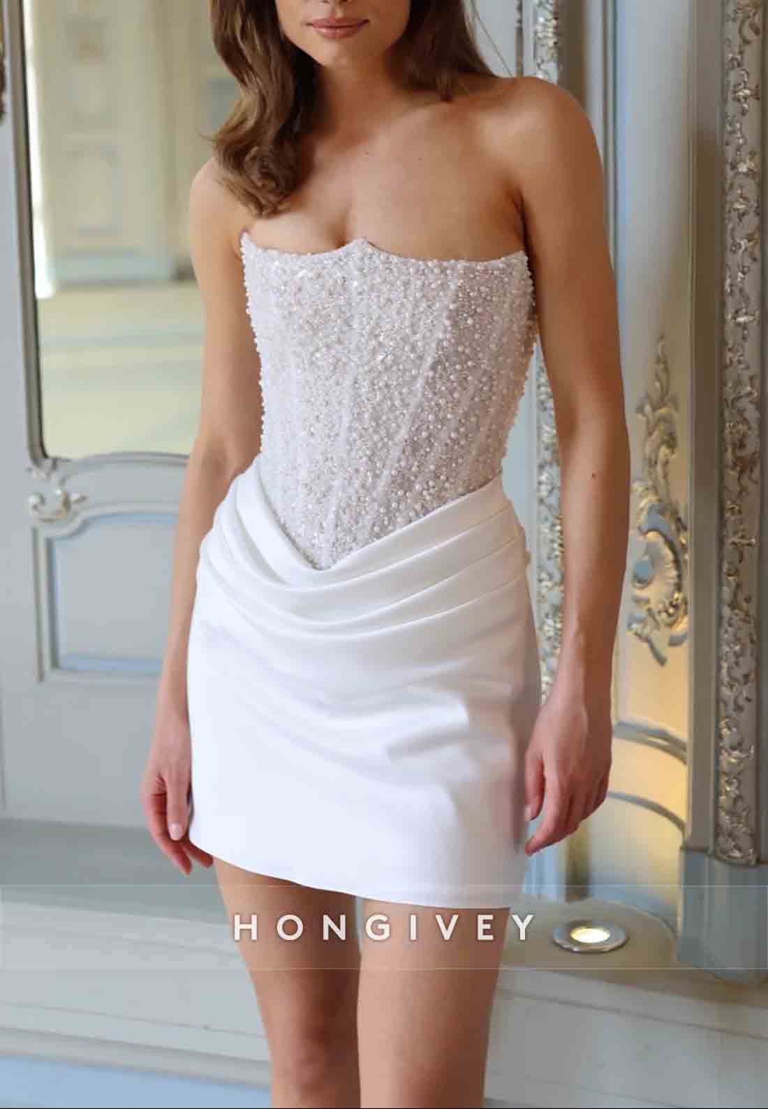 Crisscross Back Beading Pleated Strapless Mini Wedding Dresses