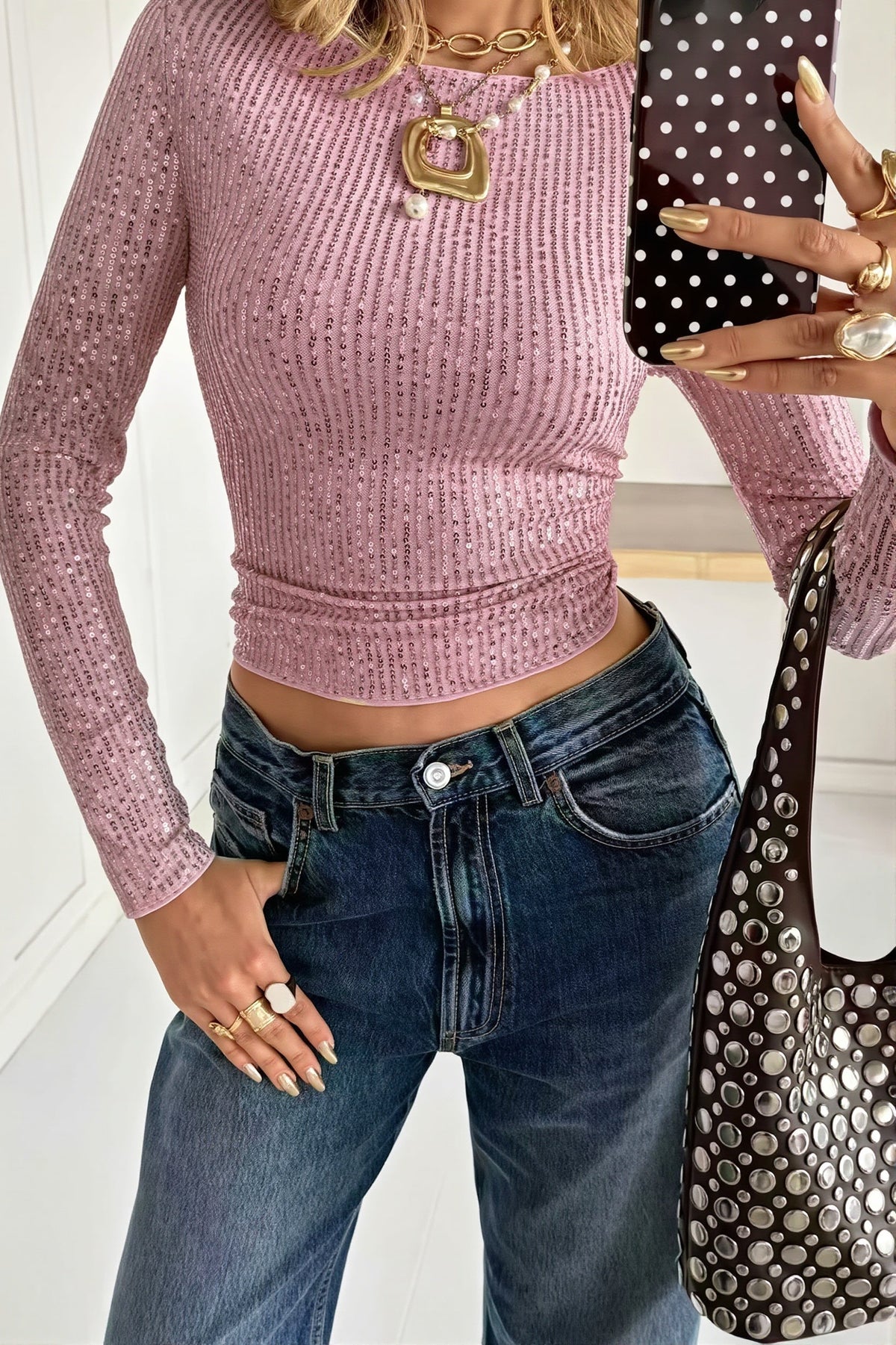 Sequin Crew Neck Fitted Long Sleeve T Shirt