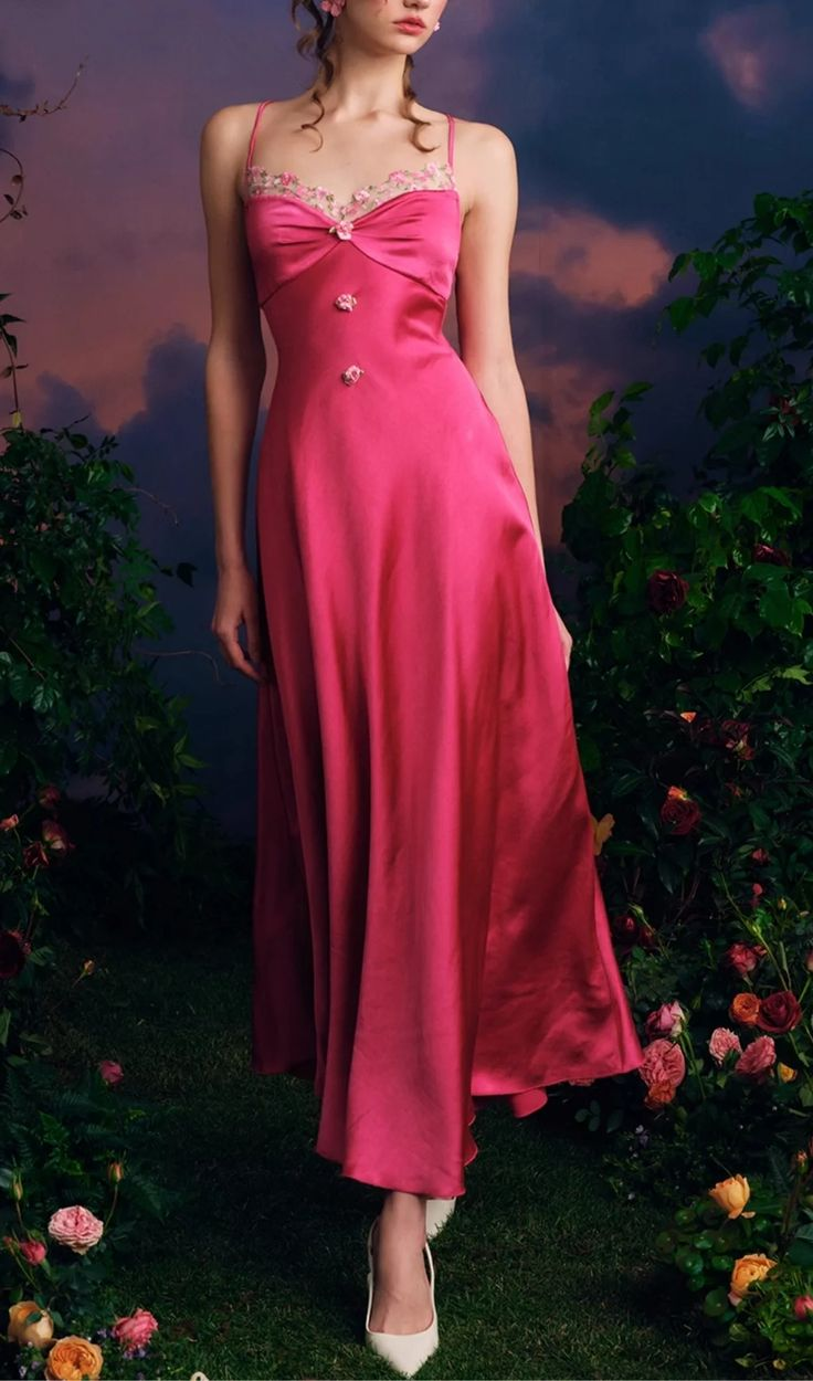 Modern Spaghetti Straps Satin Lace A Line Party Gown Hot Pink Long prom Dress D908