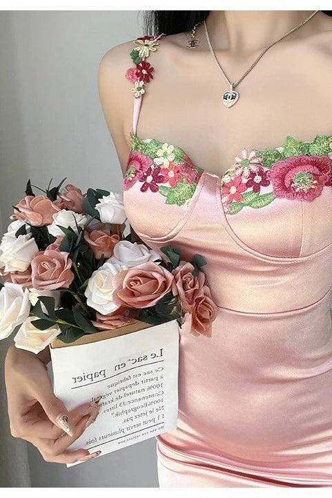 Satin Spaghetti Strap Floral Bustier Bodycon Mini Dress - View 2