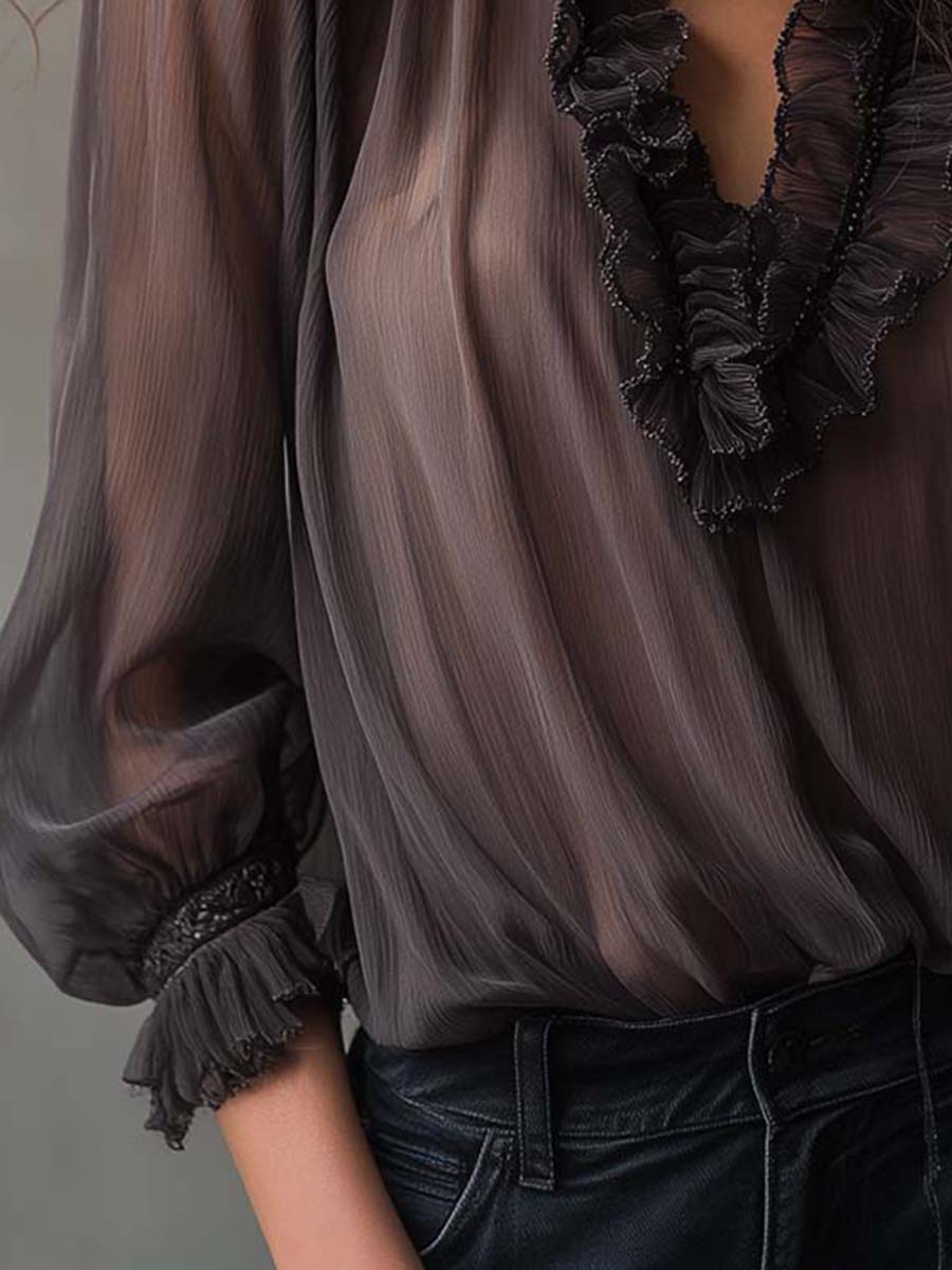 Smoky Charcoal Ruffled Chiffon Blouse