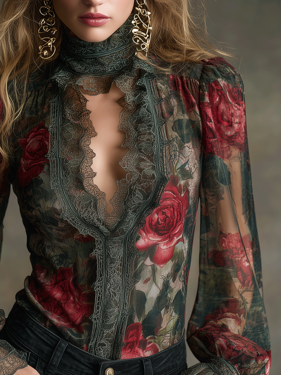 Vintage Romantic Rose Floral Lace Sheer Blouse