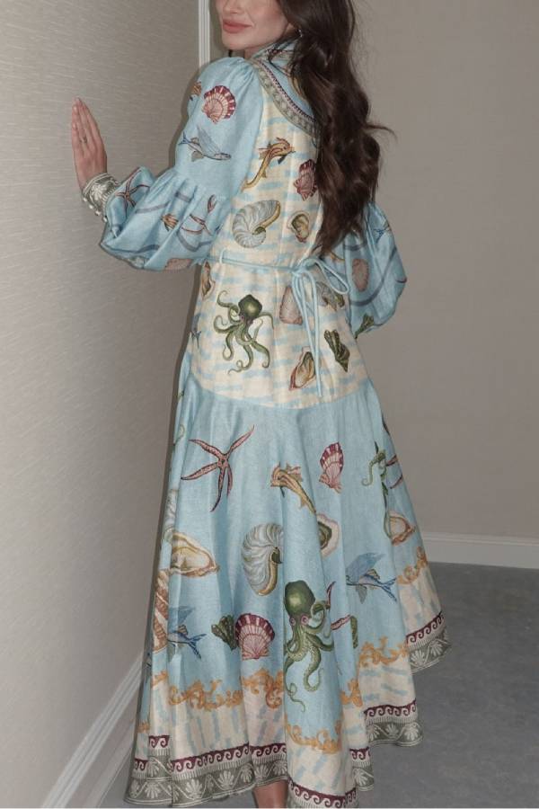 Unique Deep Sea Floral Print Single Breasted Midi Dress - Fashionpara