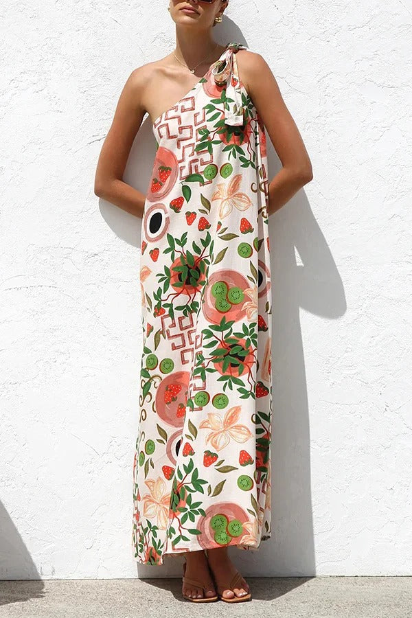 Botanical Print Elegant Strappy One-shoulder Resort Maxi Dress - Fashionpara