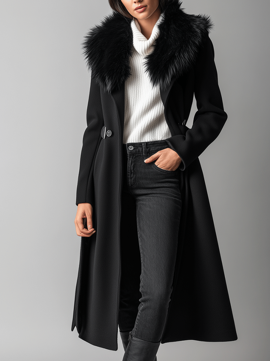 Elegant Black Wool Blend Faux Fur Collar Long Coat