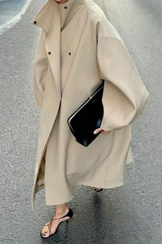 Stand Collar Batwing Sleeve Longline Loose Wool Overcoat