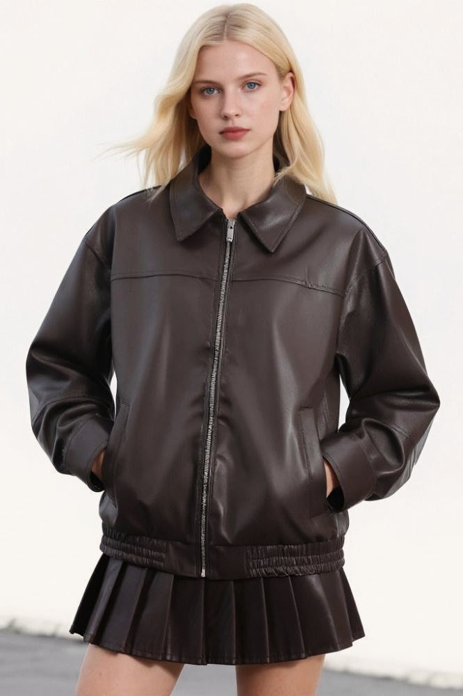 Faux Leather Collared Zip Casual Jacket