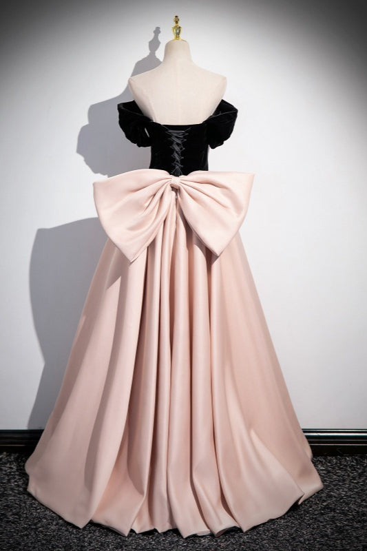Off Shoulder Puff Sleeve Bow-Back Satin Ball Gown 3