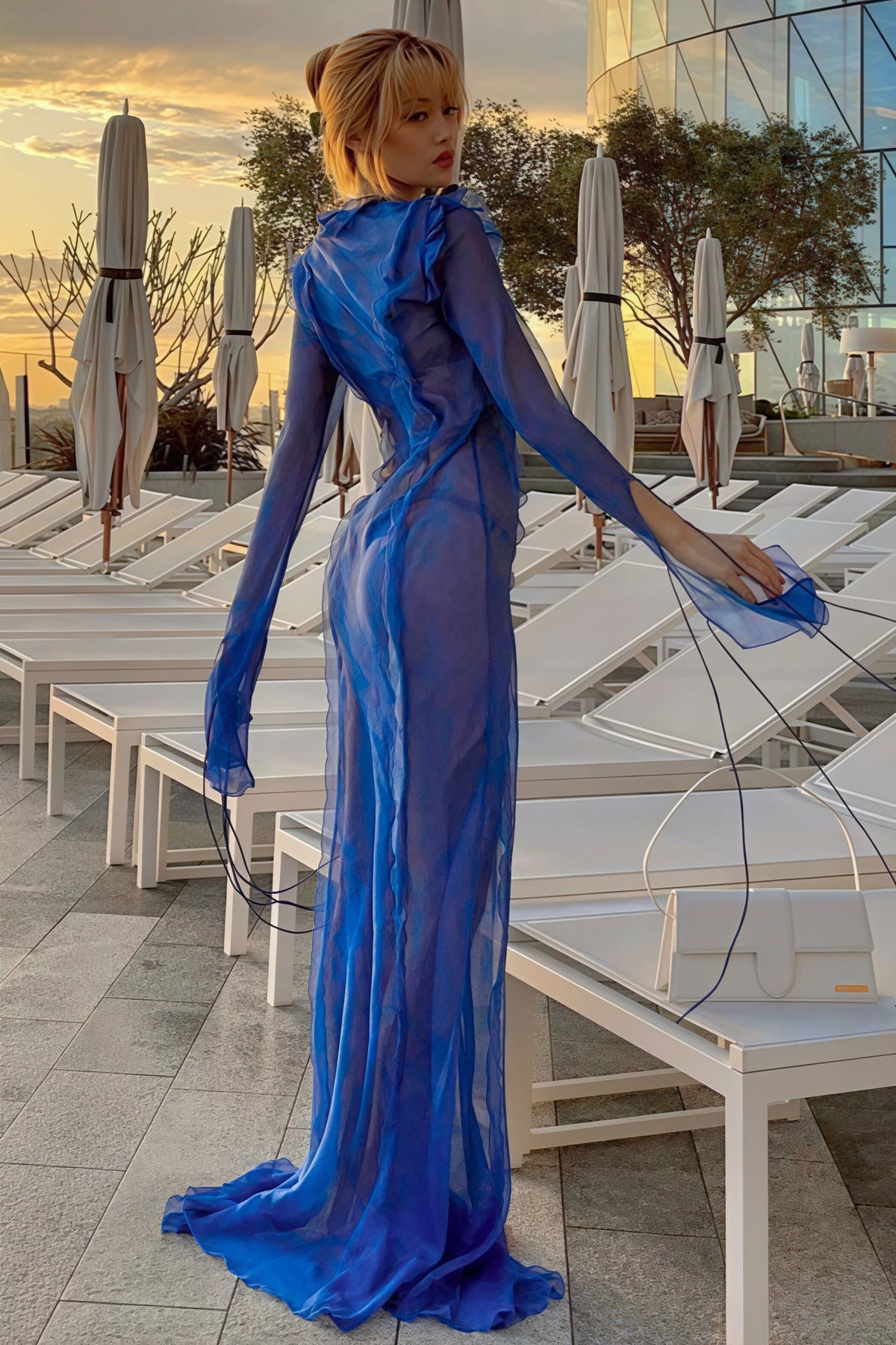 Sheer Organza Plunge Long Sleeve High Split Maxi Dress 2