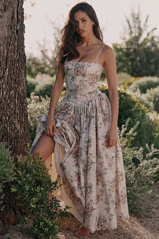 Floral Print Spaghetti Strap Corset Maxi Dress