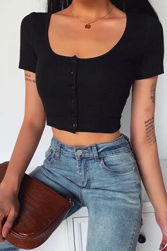Button Front Slim Crop Top - Fashionpara