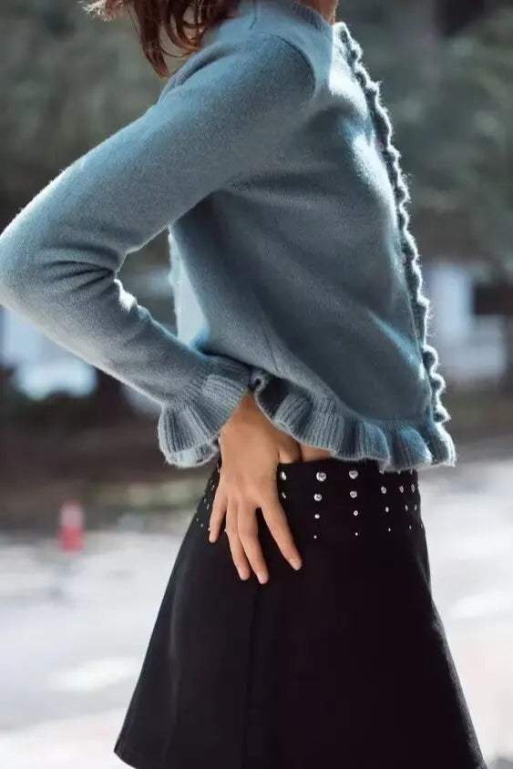 Single Breasted Ruffled Round Neck Cardigan