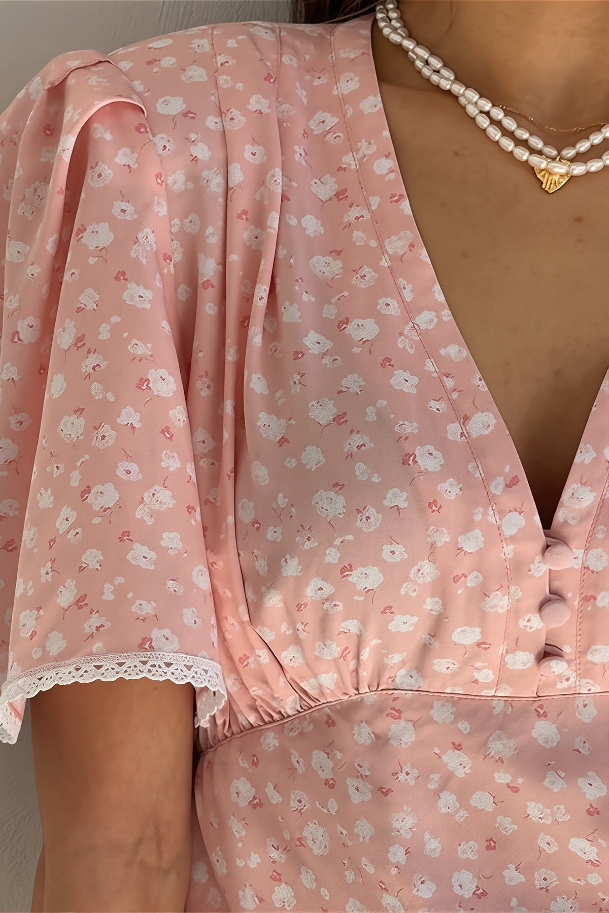 Floral V-Neck Flutter Sleeve Lace Trim Mini Dress