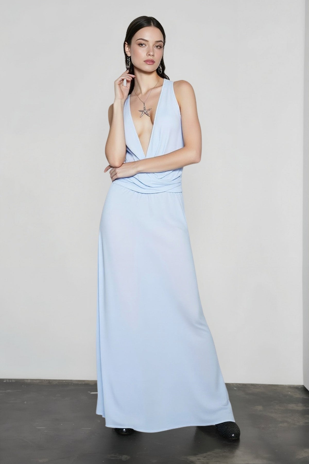 Ombre Print Halter Deep V-Neck Cowl Maxi Gown 12