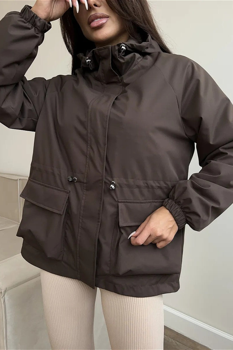Hooded Drawstring Waist Utility Jacket