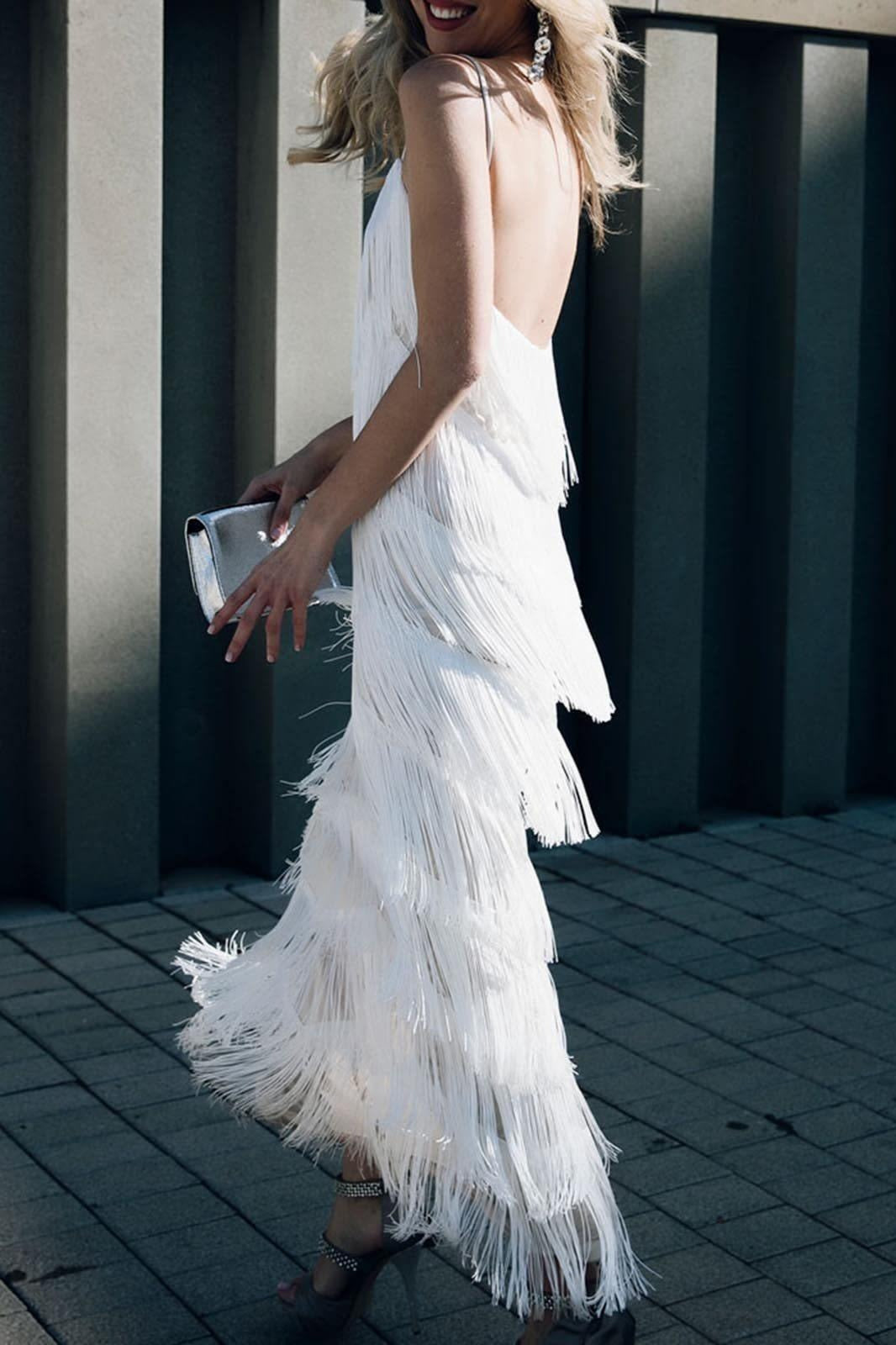 Tiered Fringe V-Neck Spaghetti Strap Midi Dress