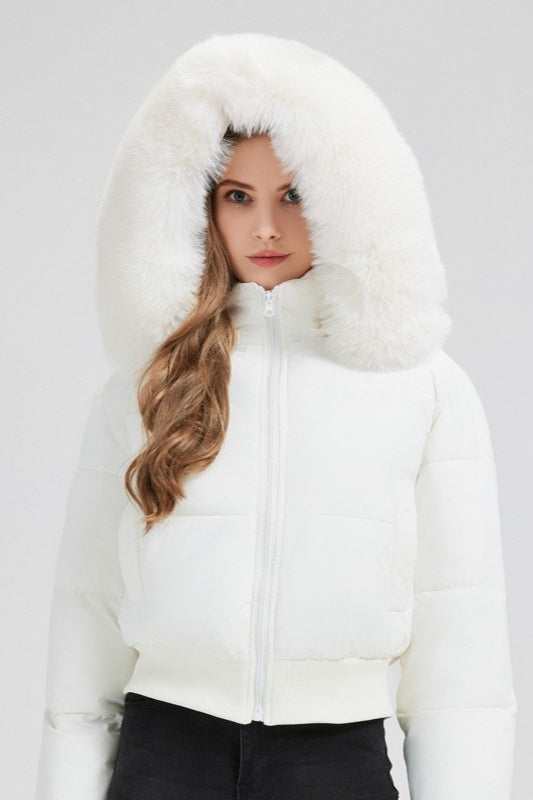 Quilted Cropped Faux Fur Collar Coat - Fashionpara