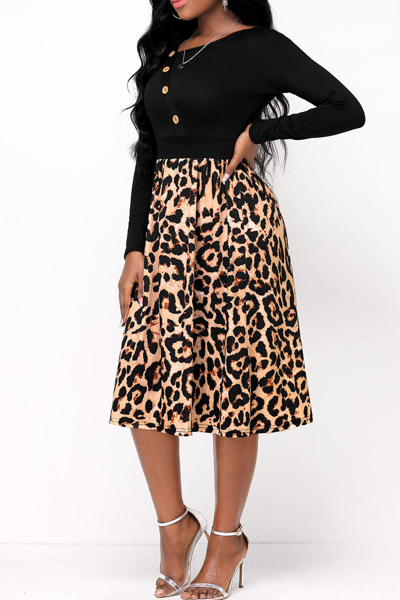 Sexy Print Leopard Patchwork Asymmetrical Collar A Line Dresses  Fashionpara
